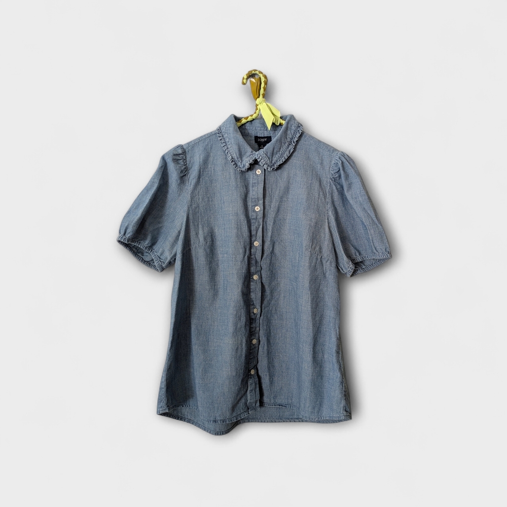 J.Crew Chambray Ruffle Blouse S Peter Pan Collar Puff Sleeve Cottagecore Twee